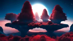 Create a dreamscape image with floating islands, unusual creatures, and a sky that slowly shifts from deep blue to red. The scene should feel otherworldly and give a strange vibe.
