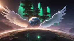 matrix universe, space, planets, god creation, angels from other dimensions with beautiful wings, trees on the planet, behind green crystals of light, command conquer tiberium deposits on the planet near tree,
