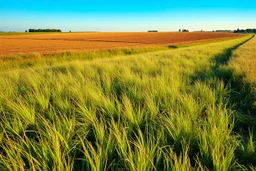 a short wild grass clearing next to an ideal farm field, sunny day, product photo setting, mid-level horizon, low drone photo