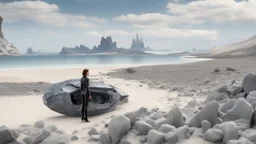 A woman in a catsuit standing on a beach of a rocky crystal-covered landscape with a crashed spaceship in the distance