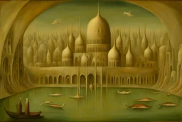 a surreal city with arches, domes and rivers by artist "Leonora Carrington",by artist "Agostino Arrivabene"