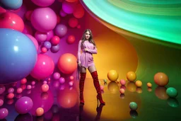 beautiful full body with long boots lady in surreal stage made of fractal random size spheres with helical strip colors in clothing similar to environment full body posing to camera