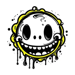 A black and white line drawing of an acid smiley face in tattoo style with horror elements