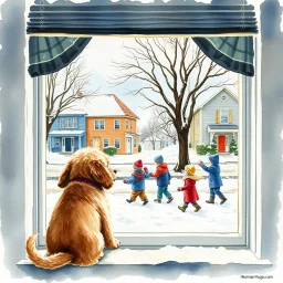 deconstructed impasto watercolor painting of a puppy looking out a bay window at kids having a snowball fight in a suburban street, by Norman Rockwell aesthetic, dreamily nostalgic