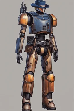 A Star Wars Combat Droid, Wearing Western Cowboy Clothes, Wearing a cowboy hat and a Cowboy Over-Coat.