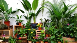 A photo of an indoor jungle with a variety of tropical plants. There are large plants with big leaves, like palms and ferns. There are also smaller plants with colorful flowers. The plants are placed in pots of different sizes and shapes. The pots are arranged on wooden shelves, crates, and the ground. The background is a white wall with a few holes.