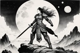 [An ink drawing on paper of Hotei] A muscular female warrior in ornate armor, wielding a sword, stands on a rocky cliff overlooking a vast, alien landscape with two moons in the sky. A fierce tarn flies overhead