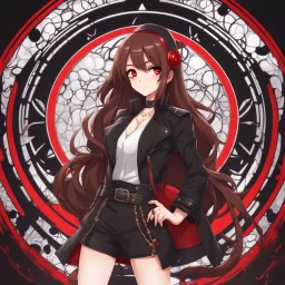 a woman with long brown hair, red eyes, with a confident, 'bad girl' vibe standing on a circular platform, wearing black and red leather, Chibi anime style, intricately detailed, splash art background