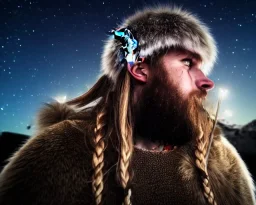 a sad and lonely viking looking up at the stars at night, hyper realistic, 8k, insane detail, atmospheric background, crying eyes, big fur coat, long braided hair, sharp focus, soft background, dynamic lighting, viking helmet, night time, sad mouth, sad eyes,