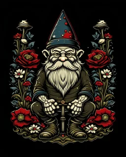 garden gnome in shephard fairey style graphic,wearing decorative flower clothing, sharp detailed graphic, holding a pitchfork, black background