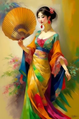 oriental woman with long dress and a fan in her hand looking back neoclassism whole body smiling bright colors painting