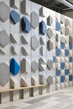 Geometric cubicle-inspired wall divider with a mix of porcelain.