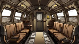 2d image, train car, interior, cartoon style, from left to right, guns gore and cannoli style, front view