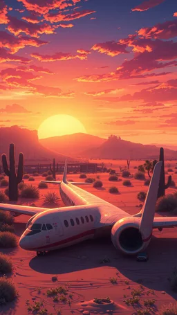 anime style, sunset, desert garden, an airplane laying down and damaged after crashed on the ground,cinematic view