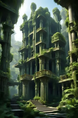 Picture of an ancient biomechanoid architecture castle ruin with statues in the style of minoan las pozas xilitla, brutalism, aztec, art nouveau. concept art hyperrealism