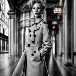 A beautiful slender well dressed young Italian woman with short hair and a black trench coat, waiting for a man at night at a train station in London