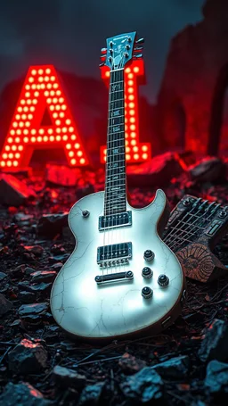 "ancient glowing metallic white electrical guitar on a ruined of all guitars graveyard , surrounded by black flowers runes and chitin shards, a background with a 3d Text of “ AI “ word dramatic spotlight, 16:9, high detail, no humans."