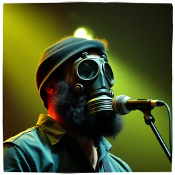en skäggig man som försöker sjunga med en gasmask på en scen, gasmasker, dom kallar honom för babyface för att ser så barnslig ut