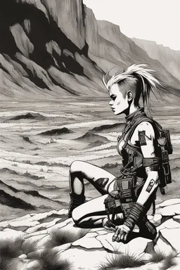 Far away, in the distant reaches of the sprawling wastelands, Tank Girl's presence was a mere whisper on the canvas of desolation. Her silhouette, a tiny, indistinct figure, dissolved into the vastness of the unforgiving terrain. From my vantage point high atop the canyon, she appeared as a solitary speck, her form barely distinguishable against the harsh, windswept backdrop. The tank she rode, a clunky and eccentric contraption, seemed like a distant dot, its mechanical rumblings imperceptible