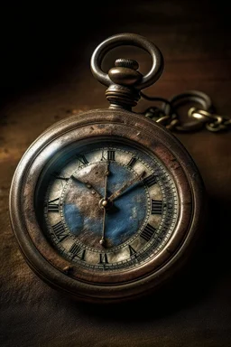 Generate an image of an antique pocket watch with a patina finish, displayed on a weathered leather surface with subtle, natural lighting."