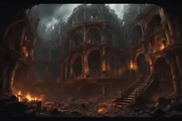 old, ruined city in the a fish bowl, ashes, destruction, dark fantasy concept art, dramatic, surreal, dynamic lighting, hyperdetailed, intricately detailed, deep colors, masterpiece, Unreal Engine