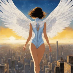 [art by Milo Manara] In a world where the sky is the new frontier, “AeroDynamica” emerges as the embodiment of progress and freedom. This digital artwork captures a futuristic girl, her silhouette sleek against the cityscape, with wings that are a marvel of bioengineering. They unfurl with a grace that belies their intricate design, a fusion of organic curves and cutting-edge technology. “AeroDynamica” is not just a figure; she’s a statement about the potential within us all to