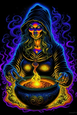 Witch with glowing bubbling cauldron tattoo design, traditional tattoo style, t-shirt design, fantasy art, digital painting, clean dark background, 8K by R. crumb, Todd Schorr, Robert Williams, Alex Alemany