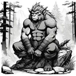 a tattooed gangsta troll sits on a rock, waiting in the forest. Record of Lodoss War style, Linework: Expressive, expressive black ink line art with variable stroke weights. Crisp contours define silhouettes while fine hatching adds subtle depth and form.