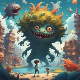 In a vivid, otherworldly landscape, a mischievous boy with wild hair, wielding a torch, strides past quirky monsters and peculiar structures. To his left, a giant, toothy fish-creature looms large, while various bizarre beings, both airborne and grounded, populate the intricate scene. A floating island holds whimsical buildings, and a looming tree casts shadows, framing the fantastical setting.