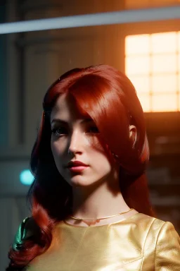 Young business woman, sci-fi, auburn hair, orange eyes, gold jewelry, elegant hair, retro neon style, a lot of led lights, fog, rain, leather, vibrant color, highly detailed, art stations, concept art, smooth, unreal engine 5, god rays, ray tracing, RTX, lumen lighting, ultra detail, volumetric lighting, 3d, finely drawn, high definition, high resolution.