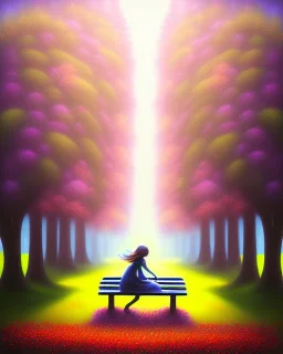 park mystical dream, park bench, man, woman, child, dog, trees, path, bird, sunshine, mystical, fantasy, romanticism, pastel colors, daylight, daytime, acrylic painting, detailed, soft focus,