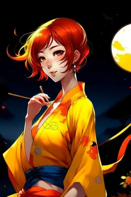 (Asian), short hair, fiery red hair hair, yukata, yellow clothes, 8k, best quality, winking, very dark night time, lighting from moon yellow moon, perfect, masterpiece