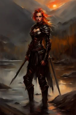 A formidable warrior girl in black armor, on the background Amazing gloomy landscape, flooded with sunset, mountains, trees, fabulous scary hero, , juicy emotions, painting, dark fantasy, gloomy day, dark world, portrait, by Anna Razumovskaya