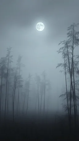Field of bamboos gray trees in the swamp , dim light , foggy, sad, Bruegel painting style , cloudy, atmosphere , the moon is Fante in the foggy sky