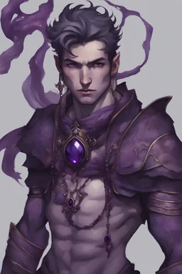 a human divine soul socerer from dnd world, his necklace hangs a round black gemstone with a deep purple rim.