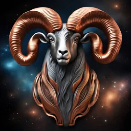 An original image featuring an Aries Ram composed entirely of metals: copper, silver, and bronze. The Ram's distinctively shaped horns are made of bright, reflective copper, standing out against its body, which creatively blends silver and bronze to create a metallic texture that conveys strength and elegance. This Ram is set against a mesmerizing galactic background, surrounded by the deep black of outer space, dotted with stars and swirling galaxies. The cosmic setting adds a mystical mood.