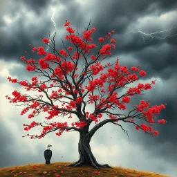 create a wide watercolor painting of a bare, ancient tree with vivid red blossoms under a stormy autumn sky, lightning illuminating grey clouds, icy-necked black-and-white vulture watching silently, amber leaves scattered, fading background, emotional depth, apocalyptic and contemplative tone --v 7 --ar 16:9