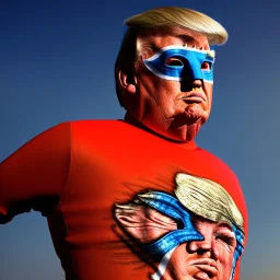 realistic image of donald trump as a mexican wrestling fighter posing, Mexican eyes wrestling mask, mesh bodysuit, red blue colors, retro style, 80s, vibrant color, highly detailed, sky background, concept art, unreal engine 5, god rays, ray tracing, RTX, lumen lighting, ultra detail, volumetric lighting, 3d, finely drawn, high definition, high resolution.