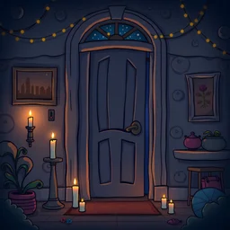 Cartoon whimsical fantasy nighttime apartment door lit by candles