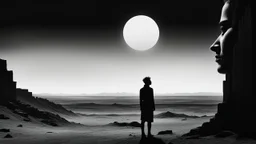 black and white portrait, a human face in profile, gaze into nothingness, three red engraved stripes on the face, background behind it a surreal, barren landscape, ruins, and a black sun. dark, thriller, gloomy vibe, utopian, dramatic