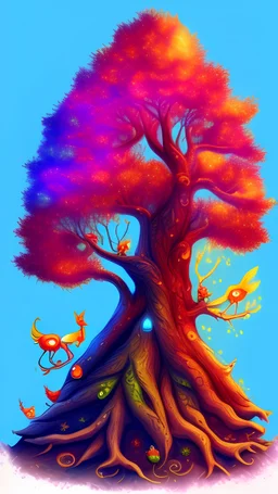 Create a tree with magic creatures. Use warm colors and some luminosity