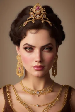 beautiful and gorgerous duchess with incredible jewellery in 19th century clothing by Greg Rutkowski and Artgerm and Emile Vernon and Vladimir Volegov, in a brown dress, mystical castle background, art illustration, natural beauty, muted colors, pastels, perfect fingers, higly detailed, expressive, high detail, symmetrical, digital painting, symmetrical eyes, dynamic lighting, artstation, cinematic lighting, intricate artwork, emitting diodes, smoke, artillery, sparks, racks, system unit, mother