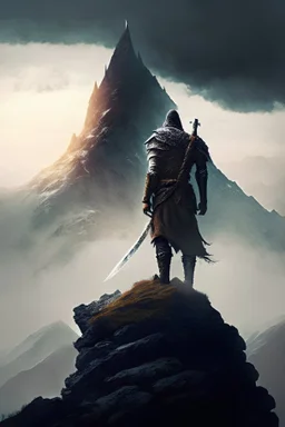 A lone warrior with a sword stands on the mountain with his back.