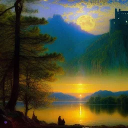 Drawing of 'Medieval Romanian Castle',mountain,lake,full moon, by gaston bussiere, greg rutkowski, yoji shinkawa, yoshitaka amano, tsutomu nihei, donato giancola, tim hildebrandt, oil on canvas, cinematic composition, extreme detail,fit full head inside picture,16k