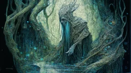 “The Hermit of a Chasm of the Forest” done delicately on rice paper; neo-surrealism dystopian eldritch elegant fantastical intricate hyperdetailed holographic magnificent meticulous mysterious ominous