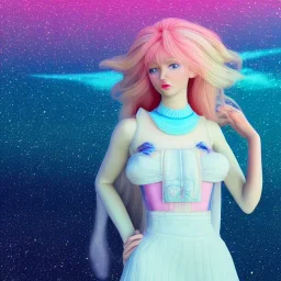 Full body with legs and feet white woman with legs, long blond hair, blue eyes, pink and blue dress in a galactic ambiance, delicate colors in the foreground, full of face details, smooth, light effect，vaporwave colorful, smooth, extremely sharp detail, finely tuned detail, ultra high definition, 8 k, unreal engine 5, ultra sharp focus