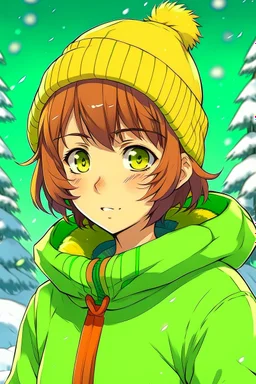 Girl with short brown hair, red eyes, green sweatshirt with a horizontal yellow stripe, he is wearing a Christmas hat, and in the background there are trees in the cold winter with lots of snow, Anime HQ style