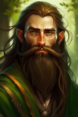 Gnom, braune lange wilde Haare, große, dicker Nase, gepflegter kurzer Bart, kein Vollbart, grüne Augen, schlank, hübsch, sehr jung (etwa zwanzig Jahre) , Druide