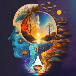 Psychedelic cafe design, mirror space with human face, sun, moon, stars, galaxy, love, water, fire, earth, wind, seventh element, light, tree of life, coffee bean, comet, waterfall, river, peak and Spring and summer and autumn and winter