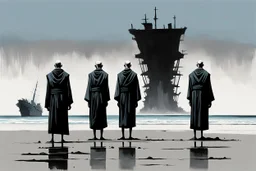 (((three)) long-legged lean determined black-grey monks with ((beak-shaped heads)) (wearing white khiton) standing in front of a shipwreck on a radioactive beach, front view, acrylic painting, minimal art, centered, wild sparse brushstrokes, amazing verticals, great parallels, low bleak colors of gray, blue and black, excellent negative space contrasts